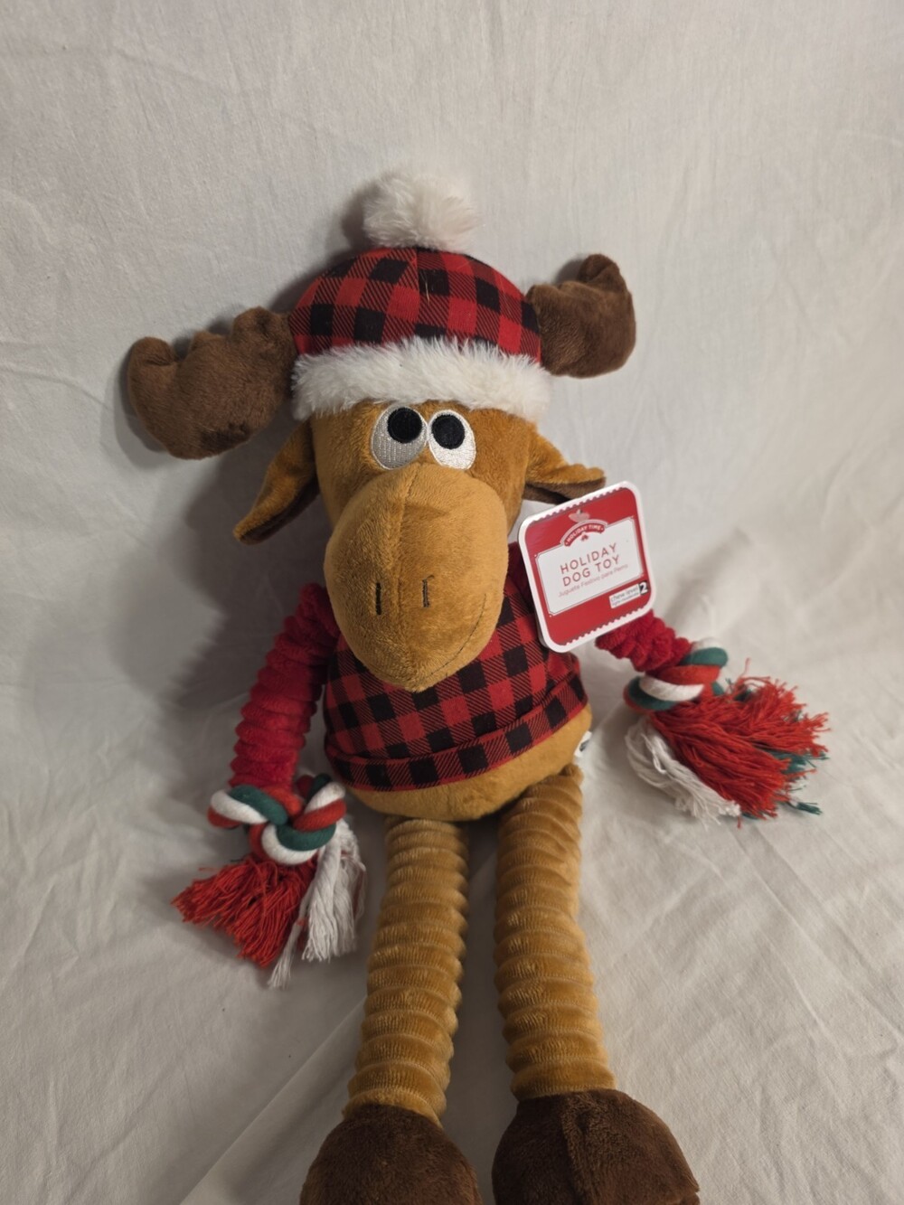 Holiday Time Buffalo Plaid Moose Plush Dog Toy with Rope Arms
